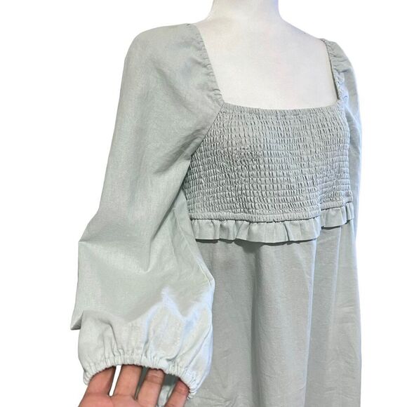 7 For All Mankind Women's Light Blue Linen Smocked Square Neck Midi Dress Large - Picture 6 of 13